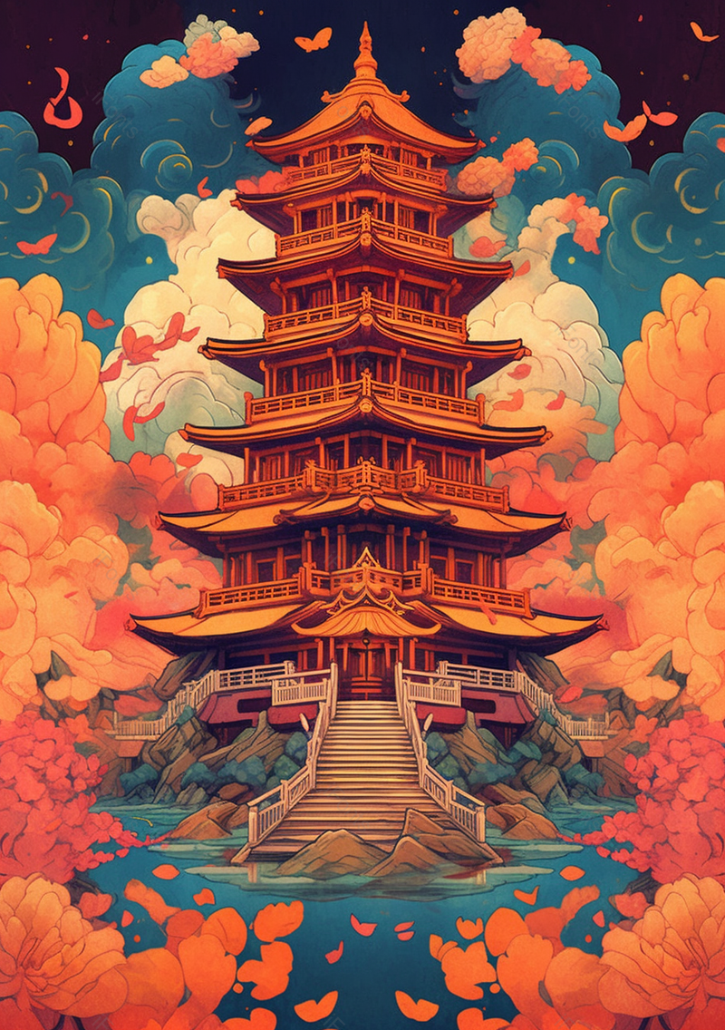 宏伟壮观的古古建筑植被传统中式插画背景,插画/手绘图,插画/手绘图库,插画/手绘图下载,插画/手绘